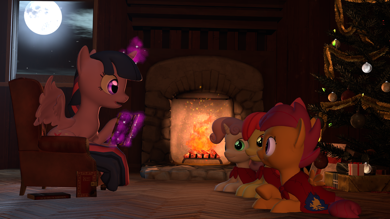 Size: 3840x2160 | Tagged: safe, artist:xxtheobanditxx, derpibooru import, apple bloom, scootaloo, sweetie belle, twilight sparkle, twilight sparkle (alicorn), alicorn, earth pony, pegasus, pony, unicorn, 3d, book, cape, christmas, christmas tree, clothes, cmc cape, couch, cutie mark crusaders, fireplace, holiday, magic, moon, present, prone, source filmmaker, tree, window