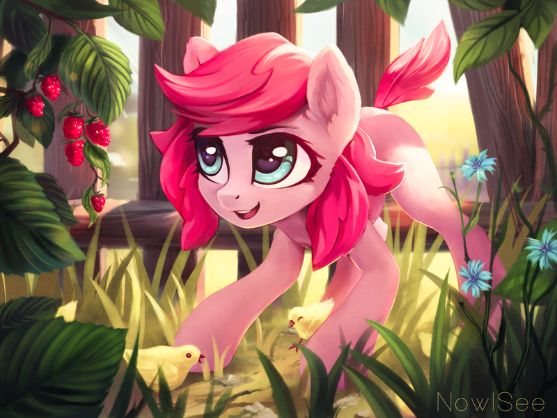 Size: 3306x2480 | Tagged: safe, artist:inowiseei, derpibooru import, oc, oc:holivi, unofficial characters only, bird, chicken, earth pony, pony, chick, crouching, female, flower, food, mare, not pinkie pie, raspberry (food), solo