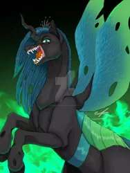 Size: 1024x1365 | Tagged: safe, artist:yumii-chan81, derpibooru import, queen chrysalis, changeling, changeling queen, pony, fangs, female, fire, green fire, looking at you, obtrusive watermark, open mouth, rearing, sharp teeth, solo, spread wings, teeth, watermark, wings