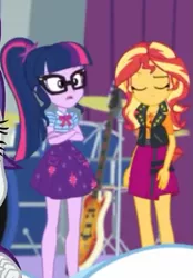 Size: 375x540 | Tagged: safe, derpibooru import, screencap, sci-twi, sunset shimmer, twilight sparkle, equestria girls, equestria girls series, rollercoaster of friendship, clothes, cropped, crossed arms, duo focus, eyes closed, female, geode of empathy, geode of telekinesis, glasses, jacket, magical geodes, ponytail, skirt