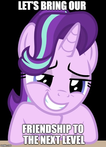 Size: 500x694 | Tagged: suggestive, derpibooru import, edit, starlight glimmer, pony, unicorn, marks for effort, black background, caption, dialogue, female, image macro, looking at you, mare, meme, simple background, smiling, solo, subtle as a train wreck, text