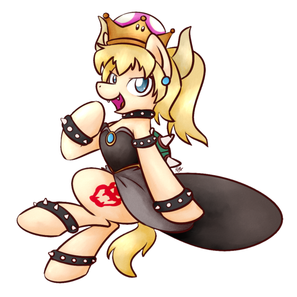 Size: 1024x1024 | Tagged: safe, artist:sugar morning, derpibooru import, ponified, pony, bowsette, choker, clothes, collar, crown, dress, female, jewelry, mare, meme, regalia, simple background, solo, spiked collar, super crown, super mario bros., transparent background