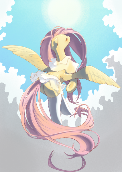 Size: 568x800 | Tagged: safe, artist:unousaya, derpibooru import, fluttershy, pegasus, pony, clothes, eyes closed, female, mare, see-through, solo