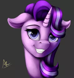 Size: 1800x1900 | Tagged: safe, artist:ac-whiteraven, derpibooru import, starlight glimmer, pony, unicorn, bust, female, grin, looking at you, mare, signature, simple background, smiling, solo