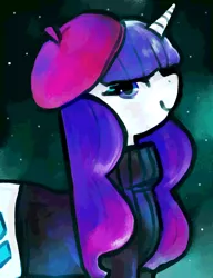Size: 1000x1300 | Tagged: safe, artist:staticdragon1, derpibooru import, rarity, pony, unicorn, alternate hairstyle, beatnik rarity, beret, clothes, female, hat, looking at you, mare, smiling, solo, sweater