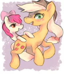 Size: 1300x1500 | Tagged: safe, artist:staticdragon1, derpibooru import, apple bloom, applejack, earth pony, pony, blushing, bow, cowboy hat, duo, female, filly, hair bow, hat, mare, siblings, sisters, smiling
