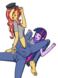 Size: 2465x3278 | Tagged: safe, alternate version, artist:artemis-polara, derpibooru import, sunset shimmer, twilight sparkle, equestria girls, bandana, barefoot, censored, clothes, commission, conductor, engineer, feet, female, hat, lesbian, open mouth, overalls, remote, restrained, shipping, shirt, simple background, sitting, sitting on person, smiling, soles, sunsetsparkle, train conductor, transparent background
