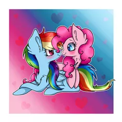 Size: 5000x5000 | Tagged: safe, artist:xxmelody-scribblexx, derpibooru import, pinkie pie, rainbow dash, earth pony, pegasus, pony, absurd resolution, blushing, chest fluff, ear fluff, female, lesbian, looking at each other, mare, pinkiedash, prone, shipping, smiling