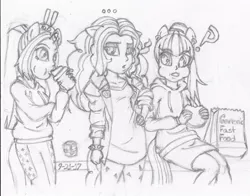 Size: 1024x801 | Tagged: safe, artist:shippingwarguy, derpibooru import, adagio dazzle, aria blaze, sonata dusk, human, equestria girls, rainbow rocks, ..., adagio is not amused, aweeg*, baggy shirt, clenched fist, clothes, clothing theft, coffee, drinking, ear piercing, eared humanization, eating, exclamation point, fast food, food, generic, hoodie, horn, horned humanization, humanized, imminent spit take, implied big macintosh, implied shipping, interrobang, interrobang (glyph), loose hair, messy hair, piercing, question mark, shrunken pupils, tailed humanization, unamused, wad of cash