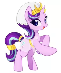 Size: 2289x2709 | Tagged: safe, artist:maren, derpibooru import, starlight glimmer, pony, unicorn, clothes, clothes swap, cute, egyptian, female, glimmerbetes, high res, mare, open mouth, signature, simple background, smiling, solo, white background