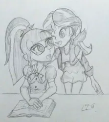 Size: 1176x1316 | Tagged: safe, artist:lockezero, derpibooru import, sci-twi, sunset shimmer, twilight sparkle, equestria girls, cute, female, one eye closed, pencil drawing, ponytail, shimmerbetes, traditional art, twiabetes, wink