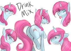 Size: 2450x1750 | Tagged: safe, artist:bluefeathercat, derpibooru import, oc, oc:drink mix, pony, unicorn, fallout equestria, butt, female, mare, one eye closed, plot, project polymorph, simple background, smiling, solo, text, white background, wink