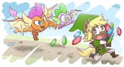 Size: 1100x600 | Tagged: safe, artist:thegreatrouge, derpibooru import, quarter hearts, smolder, spike, ponified, anthro, dragon, pony, baby, baby dragon, chase, cute, dragoness, elf hat, female, flying, gem, hat, hilarious, link, link's hat, link's tunic, male, quarterbetes, running, rupee, smolderbetes, spikabetes, the legend of zelda, tongue out, winged spike, wings