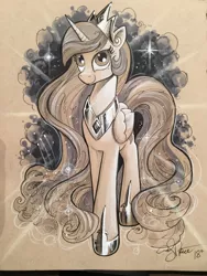 Size: 1536x2048 | Tagged: safe, artist:andypriceart, derpibooru import, princess celestia, alicorn, pony, colored pencil drawing, female, hoof shoes, majestic, mare, marker drawing, monochrome, peytral, signature, smiling, solo, traditional art