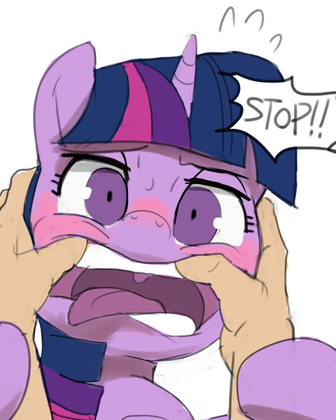 Size: 2000x2500 | Tagged: safe, artist:baigak, derpibooru import, twilight sparkle, human, pony, blushing, dialogue, exclamation point, female, finger in mouth, hand, horn, offscreen character, open mouth, pov, simple background, solo focus, speech, spreading, sweat, talking, teeth, text, tongue out, white background