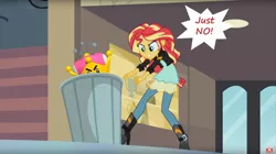 Size: 1920x1077 | Tagged: safe, derpibooru import, edit, edited screencap, editor:leonidus, screencap, sunset shimmer, equestria girls, my past is not today, angry eyes, canterlot high, dialogue, funny, into the trash it goes, new super mario bros. u deluxe, super crown, super mario bros., throwing, trash can, yelling