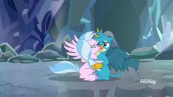 Size: 1920x1080 | Tagged: safe, derpibooru import, screencap, gallus, silverstream, classical hippogriff, gryphon, hippogriff, what lies beneath, cave, cute, diastreamies, discovery family logo, duo, female, gallabetes, hug, male, out of context, shipping fuel