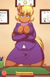 Size: 825x1275 | Tagged: suggestive, artist:nekocrispy, derpibooru import, edit, ms. harshwhinny, anthro, earth pony, breasts, busty ms. harshwhinny, certificate, cleavage, clothes, crossed arms, desk, ear piercing, earring, female, image, jewelry, look of disapproval, looking at you, mare, office, patreon, patreon logo, piercing, png, serious, serious face, sexy, skirt, solo, solo female, stupid sexy ms. harshwhinny, suit