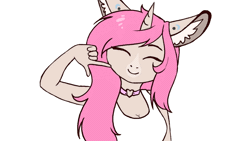 Size: 1280x720 | Tagged: safe, artist:shiro-roo, derpibooru import, oc, oc:tarot, unofficial characters only, anthro, classical unicorn, unicorn, :p, animated, anthro oc, blue eyes, breasts, clothes, cloven hooves, collar, commission, curved horn, cute, digital art, ear fluff, eyes closed, female, floppy ears, frame by frame, gif, happy, horn, jewelry, leonine tail, long mane, mare, one eye closed, palomino, pink hair, pink mane, pointing, silly, smiling, smirk, solo, tanktop, tongue out, unshorn fetlocks, wink, ych result