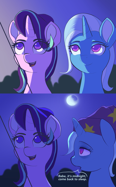 Size: 1280x2048 | Tagged: safe, artist:raikoh, derpibooru import, starlight glimmer, trixie, pony, unicorn, rock solid friendship, dialogue, female, kite, kite flying, lesbian, looking up, mare, moon, night, shipping, sleepy, smiling, startrix, that pony sure does love kites, tired