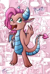 Size: 2550x3750 | Tagged: artist:chiptunebrony, collage, comic, cute, date, derpibooru import, dragon, dragoness, female, friends forever, holding up, idw, mina, minabetes, open mouth, peace sign, safe, signature, smiling, spike, spoiler:comic, spoiler:comicff14