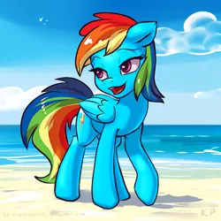 Size: 1500x1500 | Tagged: safe, artist:kp-shadowsquirrel, color edit, derpibooru import, edit, rainbow dash, pegasus, pony, beach, colored, floppy ears, lidded eyes, open mouth, raised hoof, solo