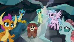 Size: 1280x720 | Tagged: safe, derpibooru import, screencap, gallus, ocellus, sandbar, silverstream, smolder, yona, changedling, changeling, classical hippogriff, dragon, earth pony, gryphon, hippogriff, pony, yak, what lies beneath, bow, cloven hooves, dragoness, female, flying, hair bow, jewelry, male, monkey swings, necklace, raised eyebrow, student six, teenager
