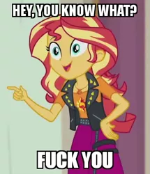 Size: 412x478 | Tagged: safe, derpibooru import, edit, edited screencap, screencap, sunset shimmer, constructive criticism, equestria girls, equestria girls series, caption, clothes, cropped, eyelashes, female, fuck you, fuck your shit, geode of empathy, hand, hand on hip, image macro, magical geodes, meme, pointing, skirt, solo, spikes, text, vest, vulgar