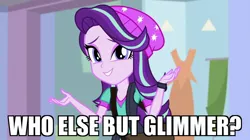 Size: 1280x718 | Tagged: safe, derpibooru import, edit, edited screencap, screencap, starlight glimmer, equestria girls, mirror magic, spoiler:eqg specials, awkward, awkward smile, bashful, beanie, caption, clothes, cute, dunno, eyelashes, eyeshadow, family guy, female, glimmerbetes, hat, image macro, makeup, meme, quagmire, shrug, sitcom, text, vest, watch