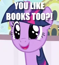 Size: 425x471 | Tagged: book, bookhorse, bronybait, caption, cropped, derpibooru import, dork, edit, edited screencap, exclamation point, image macro, interrobang, meme, question, question mark, safe, screencap, solo, sweet and elite, text, that pony sure does love books, twilight sparkle