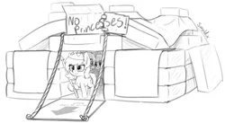 Size: 2374x1298 | Tagged: safe, artist:smoldix, derpibooru import, oc, oc:anonfilly, unofficial characters only, earth pony, pony, blanket, cardboard, crown, female, filly, hoof hold, jewelry, lineart, mattress, pillow, pillow fort, regalia, rope, sign, simple background, spear, weapon, white background