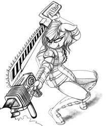 Size: 2988x3501 | Tagged: anthro, armor, artist:replica, chainsword, derpibooru import, evil grin, female, fire, flamethrower, grayscale, grin, monochrome, oc, oc:replica, safe, simple background, sketch, smiling, solo, sword, unofficial characters only, warhammer 40k, warhammer (game), weapon, white background