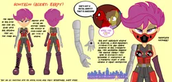 Size: 2666x1280 | Tagged: safe, artist:succubi samus, derpibooru import, scootaloo, oc, oc:moon pearl, bat pony, cyborg, equestria girls, amputee, bat pony oc, bat wings, body armor, civil war, close-up, crossover, equestrian city, expressionless face, faceplate, fourth wall joke, metal arm, metal as fuck, military uniform, older, older scootaloo, prosthetic limb, prosthetics, reference sheet, spider-man, spider-man: homecoming, wings, winter soldier