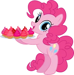 Size: 4000x4073 | Tagged: safe, derpibooru import, pinkie pie, earth pony, pony, canon, cupcake, female, food, mare, platter, simple background, smiling, solo, standing, transparent background, vector