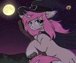 Size: 2400x2000 | Tagged: safe, artist:avrameow, derpibooru import, oc, oc:tarot, unofficial characters only, classical unicorn, pony, unicorn, broom, cape, clothes, cloven hooves, commission, curved horn, digital art, ear piercing, female, floppy ears, freckles, halloween, hat, holiday, horn, leonine tail, long mane, long tail, mare, moon, night, palomino, piercing, pink mane, solo, starry night, stars, unshorn fetlocks, witch, witch hat, ych result