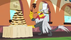 Size: 1280x720 | Tagged: safe, derpibooru import, screencap, gustave le grande, gryphon, mmmystery on the friendship express, eclair, facial hair, food, hat, male, moustache, solo, toque