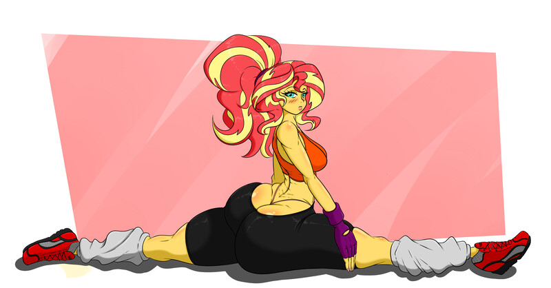 Size: 4400x2300 | Tagged: suggestive, artist:albertbm, derpibooru import, sunset shimmer, equestria girls, ass, bimbo, blushing, breasts, bunset shimmer, busty sunset shimmer, butt, clothes, female, fingerless gloves, gloves, looking at you, panties, shoes, shorts, sneakers, socks, solo, solo female, splits, the ass was fat, thick, thong, underwear