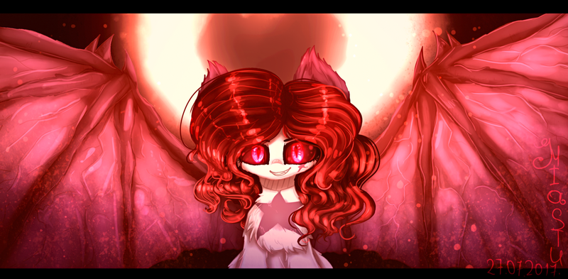 Size: 2200x1080 | Tagged: artist:miastu2003, chest fluff, demon, demon pony, demon wings, derpibooru import, ear fluff, fluffy, oc, oc:mia stu, original species, red eyes, safe, solo, unofficial characters only, wings