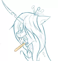 Size: 1197x1249 | Tagged: artist:groomlake, changeling, changeling queen, derpibooru import, doctor, drool, drool string, female, lineart, open mouth, queen chrysalis, safe, simple, simple background, sketch, teeth, tongue depressor, white background