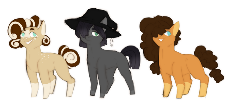 Size: 1024x475 | Tagged: safe, artist:geisharozu, derpibooru import, oc, oc:black quartz, oc:konpeito, oc:rocky road, unofficial characters only, earth pony, pony, female, filly, hat, offspring, parent:cheese sandwich, parent:maud pie, parents:maudwich, siblings, simple background, sisters, socks (coat marking), trio, white background, witch hat