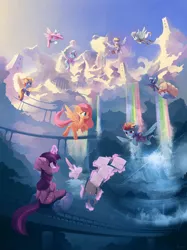 Size: 6000x8019 | Tagged: safe, artist:freeedon, derpibooru import, cloudchaser, derpy hooves, fleetfoot, flitter, fluttershy, night glider, rainbow dash, spitfire, twilight sparkle, twilight sparkle (alicorn), alicorn, pegasus, pony, absurd file size, absurd resolution, bag, beautiful, belly button, city, clothes, cloud, cloudscape, cloudsdale, female, floppy ears, flying, goggles, magic, mare, open mouth, paper, quill, rainbow, rainbow waterfall, saddle bag, scenery, sitting, sky, smiling, uniform, vertigo, wonderbolts uniform