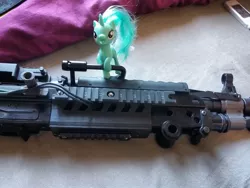 Size: 2048x1536 | Tagged: safe, derpibooru import, lyra heartstrings, pony, unicorn, 3d print, airsoft, female, gun, irl, m249, machine gun, mare, photo, picatinny rail, ris rail, solo, tiny, tiny ponies, weapon