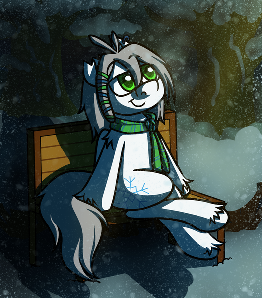 Size: 1500x1704 | Tagged: safe, artist:alittleofsomething, derpibooru import, oc, oc:umbra winterdance, unofficial characters only, pegasus, pony, bench, clothes, scarf, snow, solo, winter