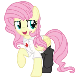 Size: 1024x1033 | Tagged: safe, artist:bezziie, derpibooru import, fluttershy, pegasus, pony, alternate hairstyle, braid, clothes, female, flutternurse, folded wings, looking away, looking sideways, mare, nurse outfit, open mouth, raised hoof, raised leg, simple background, smiling, socks, solo, three quarter view, transparent background, wings
