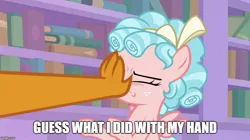 Size: 888x499 | Tagged: safe, derpibooru import, edit, edited screencap, screencap, cozy glow, smolder, dragon, pegasus, pony, what lies beneath, bookshelf, bow, caption, cozybuse, dragoness, duo, female, filly, hair bow, image macro, meme, ouch, push, shove, text