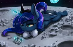Size: 2480x1580 | Tagged: safe, artist:alcor, derpibooru import, princess luna, alicorn, pony, bored, cheek fluff, ear fluff, earth, female, fluffy, frog (hoof), frown, glowing horn, hoof shoes, horn, leg fluff, lidded eyes, magic, mare, moon, now kiss, on stomach, on the moon, planet, ponies playing with ponies, prone, raised tail, sad, solo, space, sploot, stars, tail, telekinesis, underhoof