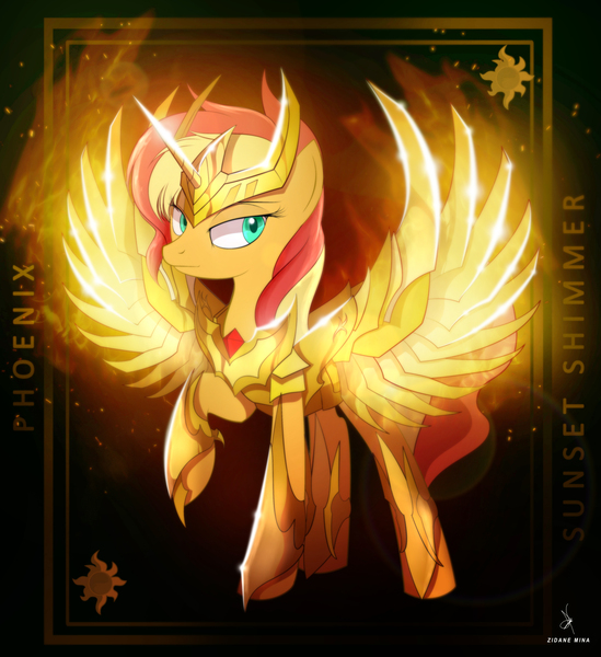 Size: 3840x4200 | Tagged: safe, artist:zidanemina, derpibooru import, sunset shimmer, alicorn, pony, alicornified, anime, armor, crossover, female, mare, race swap, saint seiya, shimmercorn, sunset phoenix