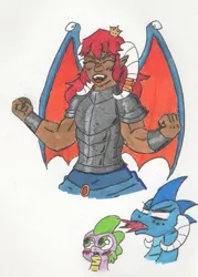 Size: 687x960 | Tagged: armor, artist:kuroneko, blushing, dark skin, derpibooru import, dragon, dragoness, dragon lord scorch, dragon lord torch, female, horn, horned humanization, horn ring, human, humanized, male, meme, new super mario bros. u deluxe, princess ember, red hair, ring, rule 63, safe, simple background, spike, super crown, traditional art, white background, winged humanization, wings