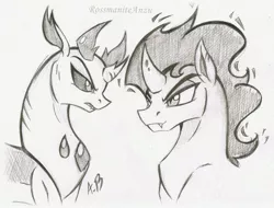 Size: 1814x1381 | Tagged: safe, artist:rossmaniteanzu, derpibooru import, king sombra, pharynx, changedling, changeling, pony, unicorn, duo, fangs, gray background, grayscale, looking at each other, male, monochrome, pencil drawing, prince pharynx, simple background, stallion, traditional art