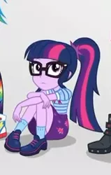 Size: 165x259 | Tagged: safe, derpibooru import, screencap, sci-twi, twilight sparkle, equestria girls, equestria girls series, rollercoaster of friendship, clothes, cropped, cute, female, glasses, legs, ponytail, shoes, skirt, socks, solo focus, upskirt denied